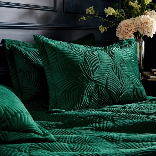 Paoletti Palmeria Velvet Quilted Duvet Cover Set - Emerald Green