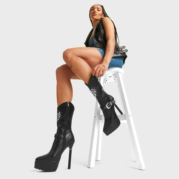 Lamoda Anger Management Women Black PU Leo Heart Calf Boots Chunky Platform