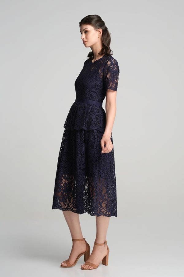 Rumour London Lucia lace midi dress with peplum in navy