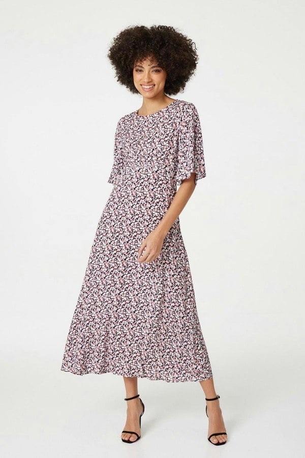 Pink | Floral Angel Sleeved Midi Dress