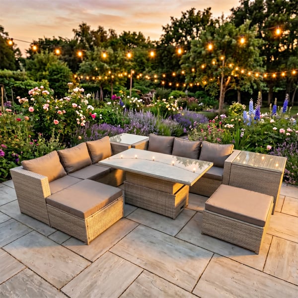 Fimous 8 Seater Rattan Furniture Set with Rising Dining Table, 2 Sofas, 2 Footstools, 2 Side Tables - Light Grey