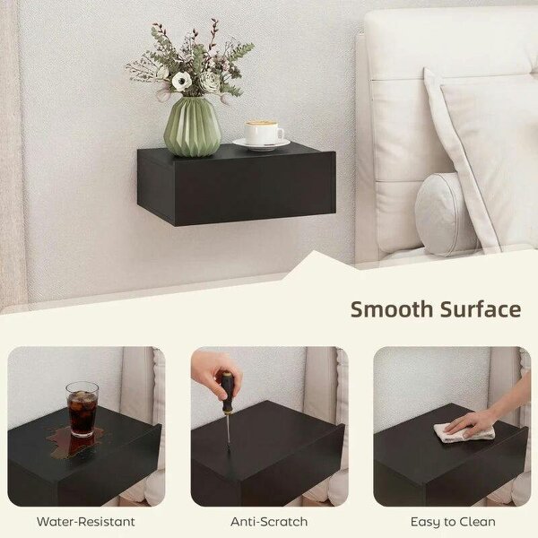 Floating Bedside Table Set of 2, Wall-Mounted Nightstand with Storage Drawer, Small Side End Table for Bedroom, Black