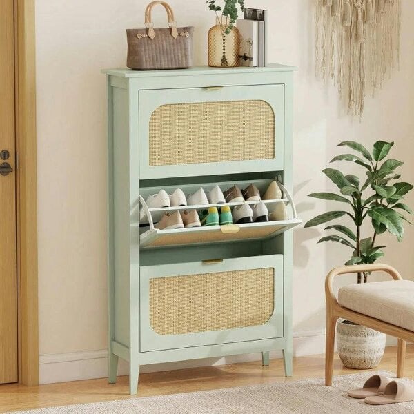 Bobobiy Narrow Shoe Cabinet, Boho Slim Shoe Storage Cabinet with 3 Flip Drawers, Holds 21 Pairs, Light Green