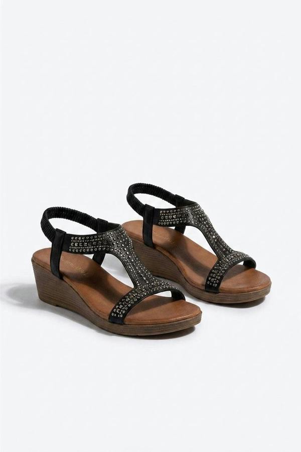Violet Beaded Lattice Wedge Sandals - Black_wb