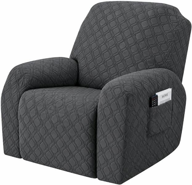 ATEK 4 Piece Stretch Recliner Chair Cover 1 Seater Grey Slipcover with Side Pocket