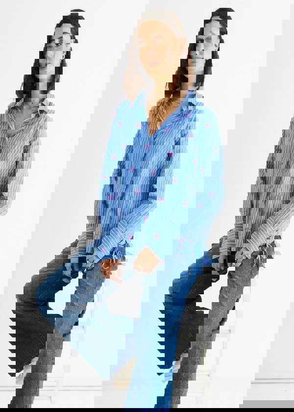 Gini London Blue Bow Embroidered Extreme Cuff Stripe Shirt