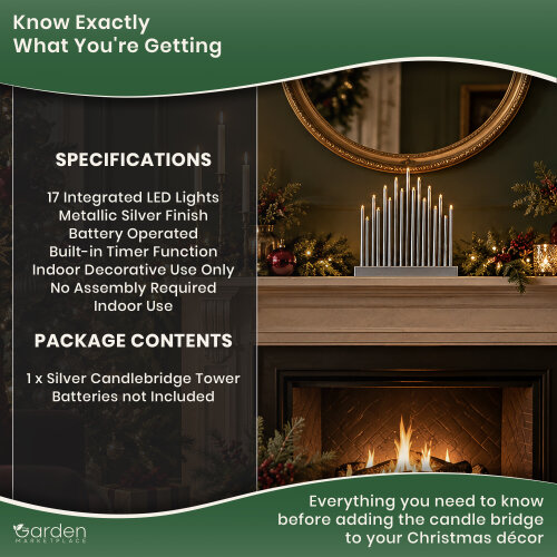 17-Light Silver Metallic Christmas Candle Bridge with LED Lights, Battery Operated Window Decoration, Timer Function, No Assembly