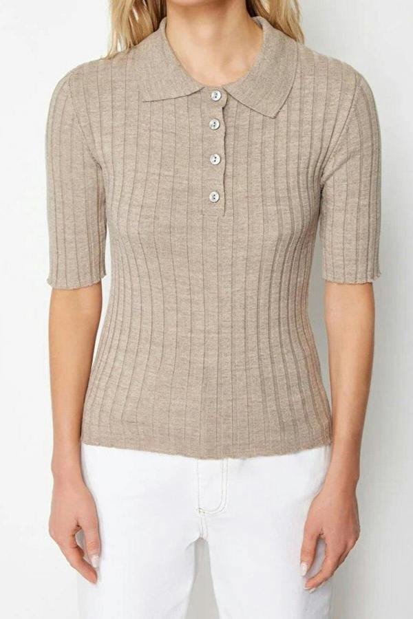 WOVCOR Basic Polo Collar T-Shirt Look Thin Blouse