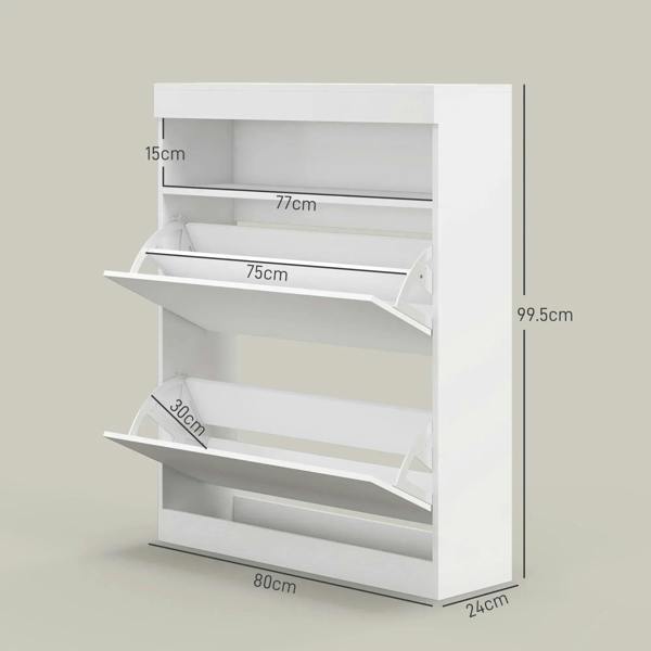 White shoe storage cabinet with flip doors open, showing tiered interior