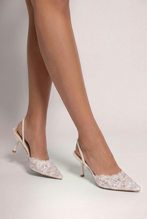 Goddiva Embellished Scalloped Edged Lace Slingback Heels - White by Goddiva