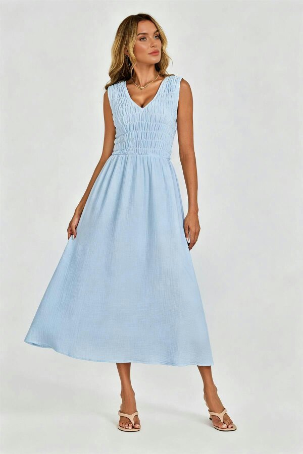 FS Collection Shirred Midi Dress with Sleeveless V-Neck In Light Blue