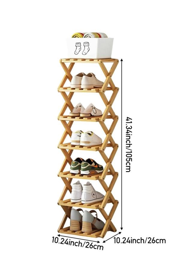 Living and Home 7 Tier Bamboo Folding Shoe Rack Shoe Storage Organiser - Light Oak