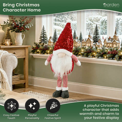 Large Red Glam Christmas Gonk Figure, 80cm Tall Standing Decoration with Sparkly Sequined Hat, Polyester Indoor Ornament