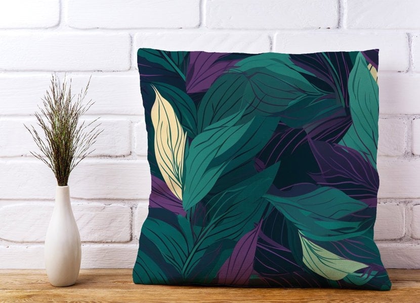 Warren Reed Green Purple Tropical Leaves Cushions