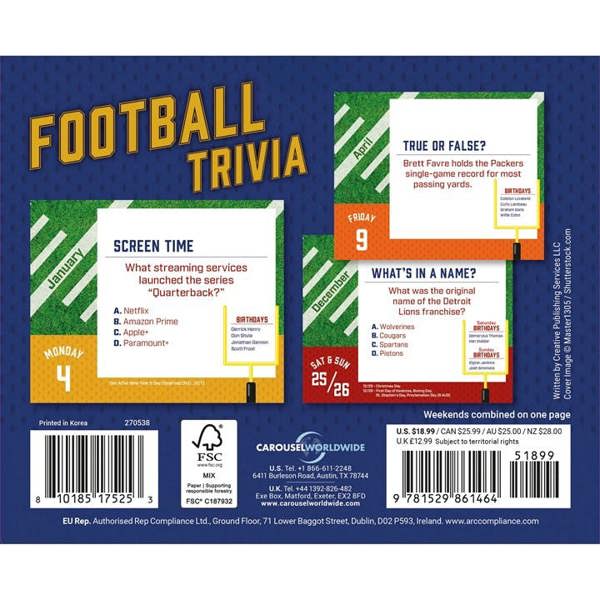 NFL American Football Trivia Desk Calendar 2027, Desk Calendars, Day To View, Sports, Gift