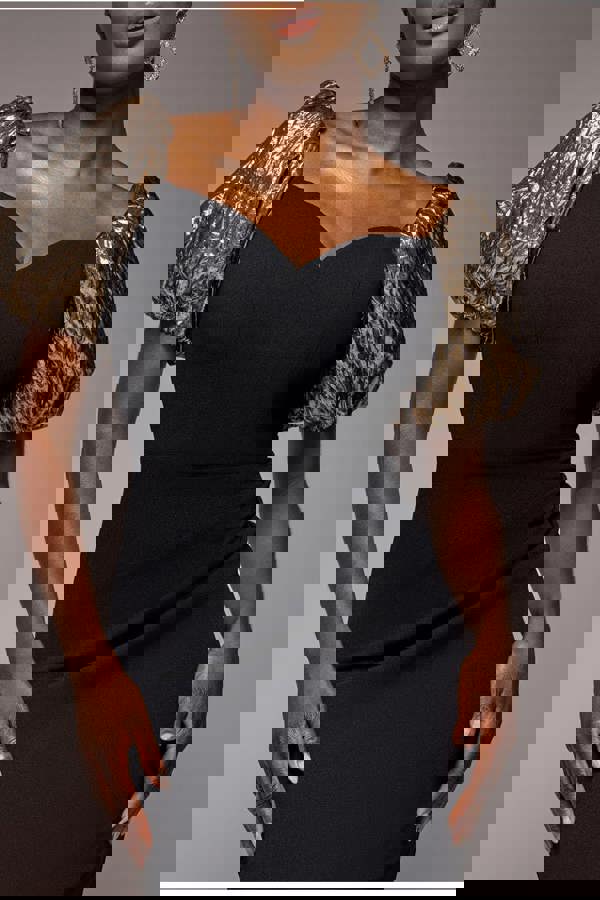 Jacquard Puff Sleeve Sweetheart Scuba Maxi Dress - Black DR4819