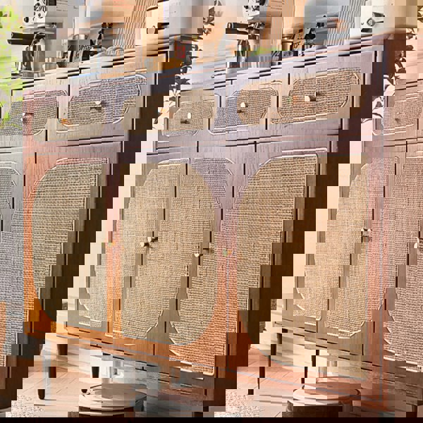 Detail view of Antonio Long Sideboard, Solid Wood with green sideboards