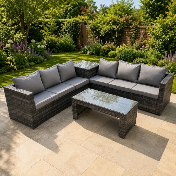 Fimous 6 Seater Rattan Corner Sofa Set with Side Table and Rectangular Coffee Table - Dark Grey Mixed