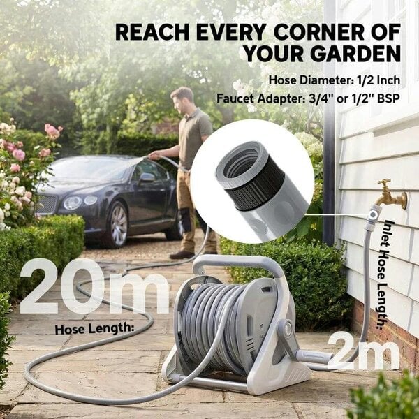 Bobobiy Portable Garden Hose Reel, 20+2 m Wall Mounted Hose Reel with 2 Patterns Spray Nozzle and Crank Handle, Grey