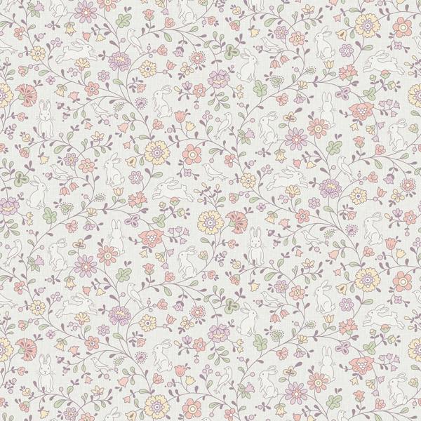 Grandeco Liberty Floral Bunny Trail Nursery Textured Wallpaper Lilac