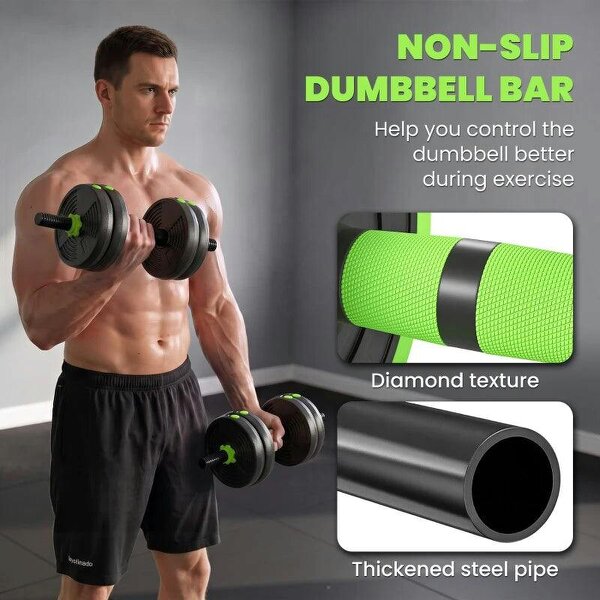 15 kg 3-in-1 Adjustable Dumbbell & Barbell Set with EZ Bar, Connecting Rod and Non-Slip Grip for Home Gym, Green