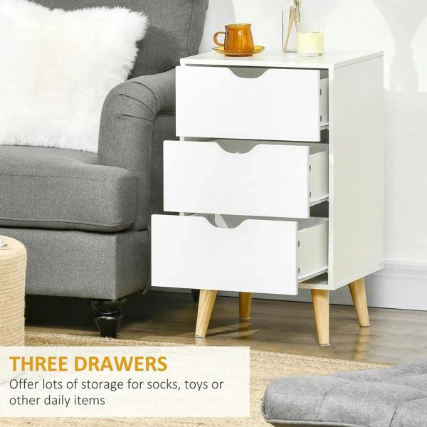 White bedside cabinet with three drawers and visible open side storage compartments