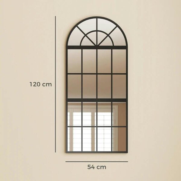 Large Arched Wall Mirror with Metal Grid, 3-Piece Split Window Mirrors, 120 x 54 cm, Black