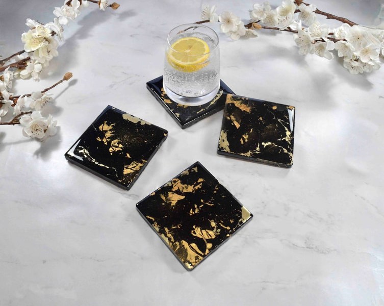 Kate Chesters Art Black Gold Resin Coasters for Drinks Set of 4