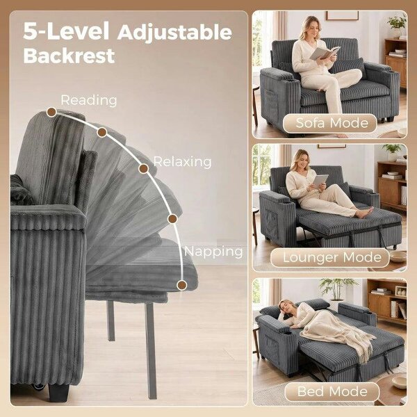 2 Seater Sofa Bed, Pull Out Sleeper Sofa w/ Adjustable Backrest, Storage Armrests, Cup Holders, Side Pockets, Dark Grey