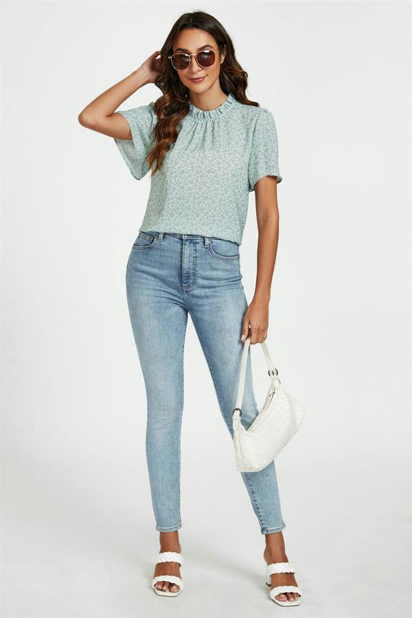 FS Collection Grey Little Floral Print Angle Sleeve High Neck Top/Blouse In Blue