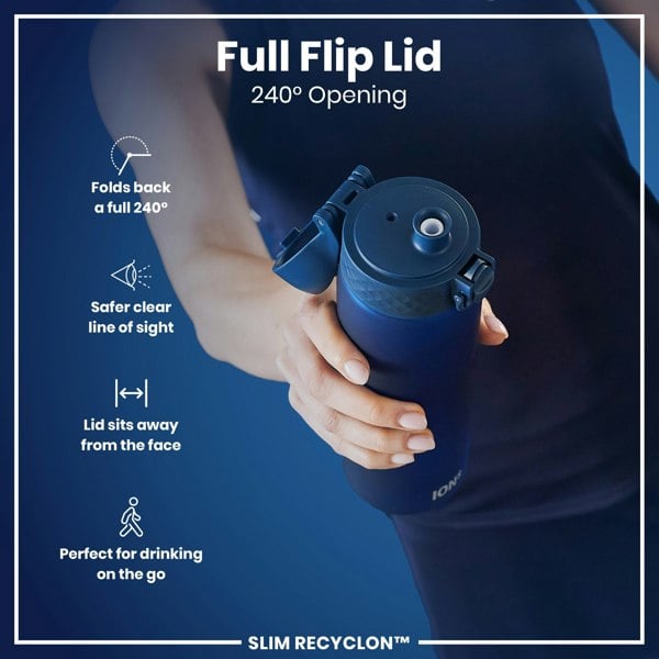 A hand holds a dark-blue water bottle with a unique flip lid that opens 240 degrees; the bottle is shown against a dark-blue background. Full Flip Lid, 240° Opening, SLIM RECYCLON™ are also written on the image.