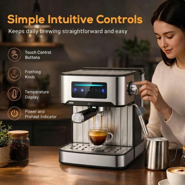 Espresso Machine, 20-Bar Cappuccino Coffee Maker with Frother Wand, 1.6L Tank, Single/Double/Manual Shot, LED Touch