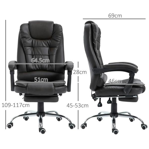 High-back office chair with labeled size dimensions, dark PU leather and chrome base