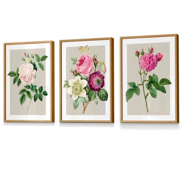 Artze Wall Art Vintage Pink and White Roses Set of 3 Framed Prints