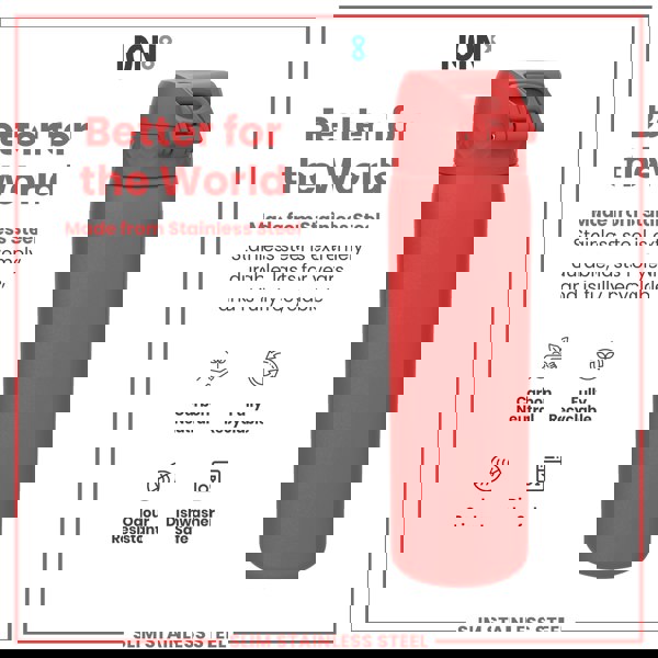 A red, stainless steel water bottle sits against a white background. It is presented as environmentally friendly, durable, and recyclable. The bottle is described as odour resistant and dishwasher safe.