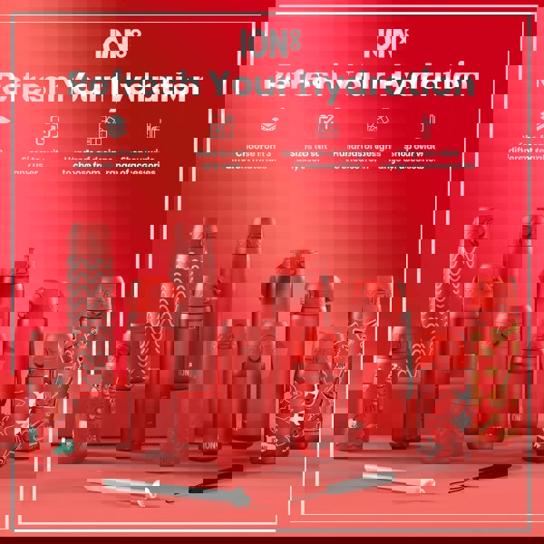 Several red water bottles, varying in size and design, are displayed on a red surface. The bottles are arranged in a group, showcasing a variety of styles and sizes. A promotional graphic shows multiple customization options.