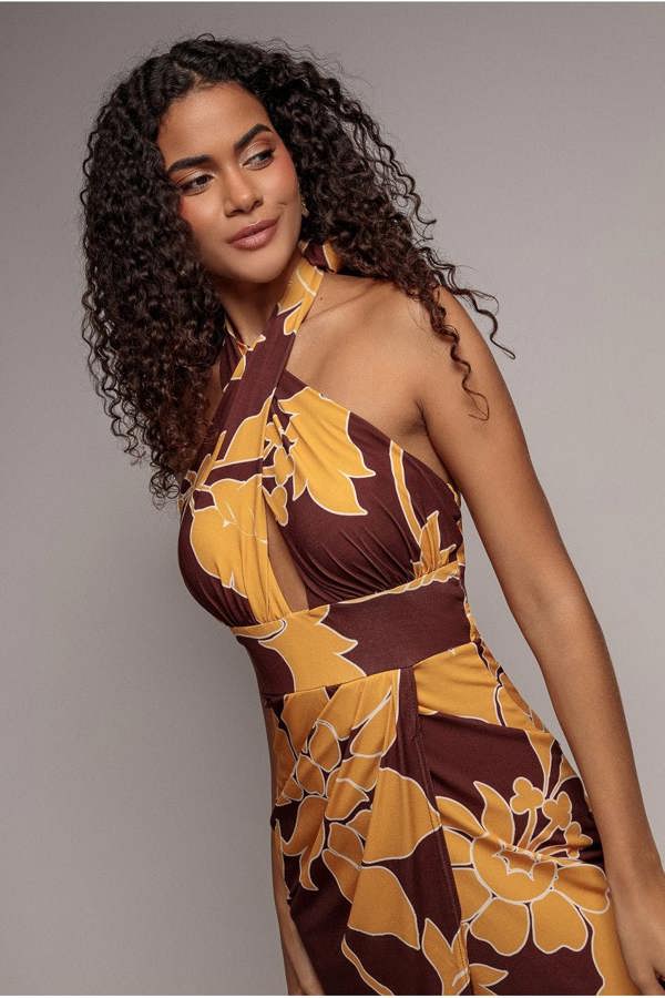Printed Crossover Maxi Dress - Brown DR3602