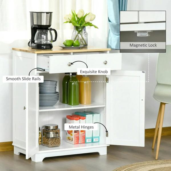 Open white cabinet showing metal hinges, knob, and smooth slide rails inside
