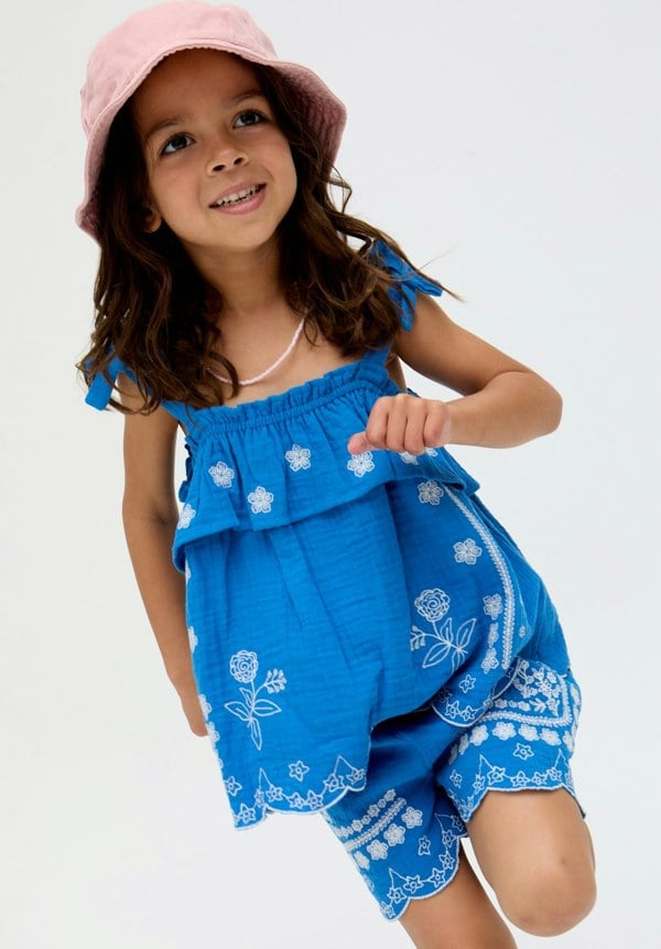 Kids Savvanah Frill Neck All Over Embroidered Co-Ord Set In Blue - image 2