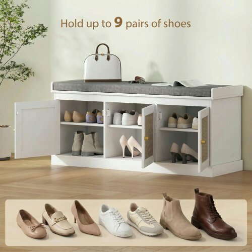 Wyld Haus Wooden White Shoe Bench With 3 Woven Rattan Doors And Grey Padded Seat