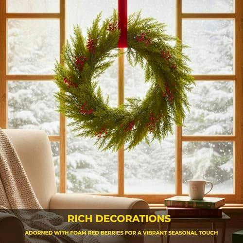 24 Inch Pine Needle Christmas Wreath with Red Berries for Indoor and Sheltered Outdoor Display image 6