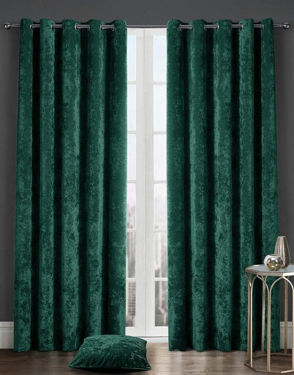 Night Zone Crushed Velvet Eyelet Curtains – Fully Lined Ready Made Window Curtains - Emerald