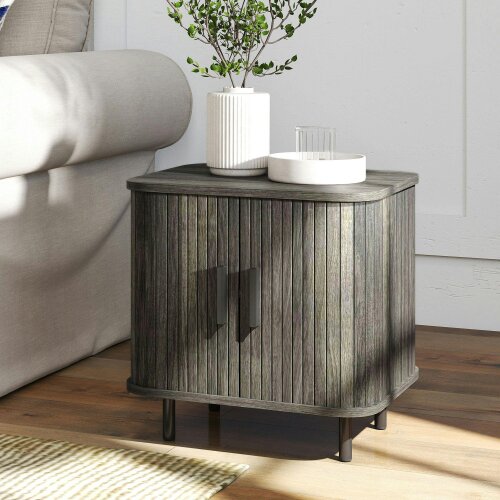Wyld Haus Pasaba Grey Nordic Bedside Table With Tambour Sliding Door And Metal Legs