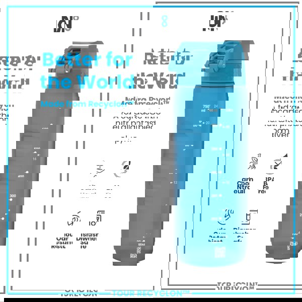 A blue water bottle sits against a white background. It is made from Recyclon™, a plant-based polymer, and features volume markings. The bottle is BPA-free, odour resistant, and dishwasher safe. Better for the world.