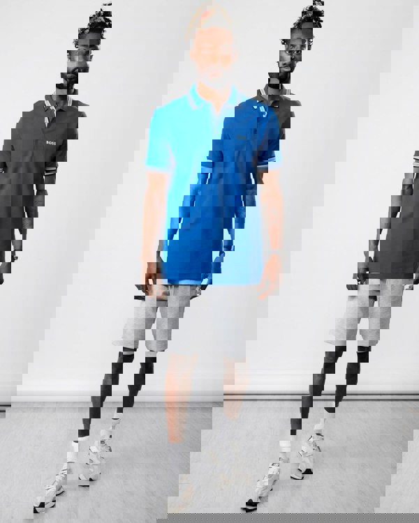 BOSS Green Paddy Mens Cotton-Piqué Polo Shirt with Contrast Logo - Medium Blue 420