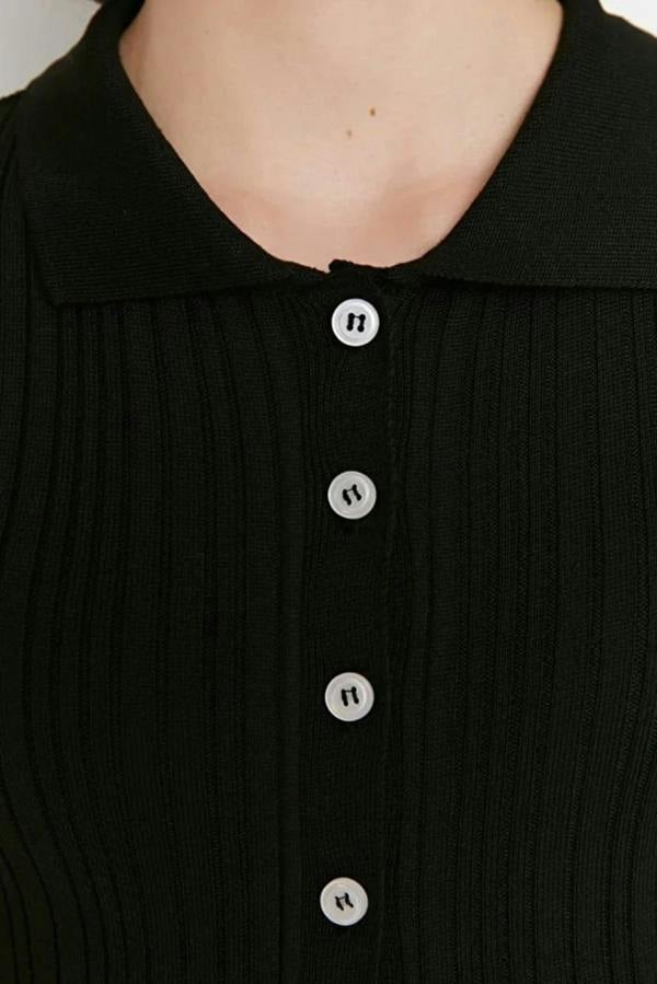 WOVCOR Mercerized Look Ribbed Polo Neck Knit Cardigan