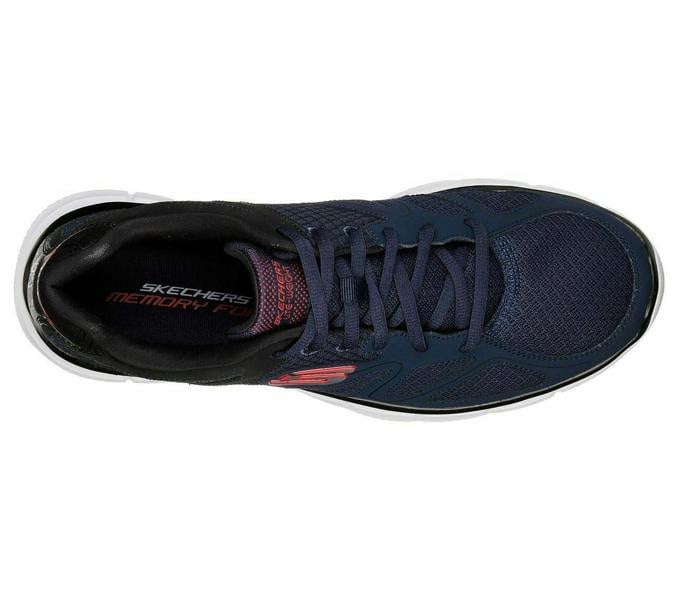 Skechers Verse-Flash Point Men's Sports Gym Walking Lace Up Trainers, top view of a dark blue athletic shoe with mesh material and laces for sports and walking.