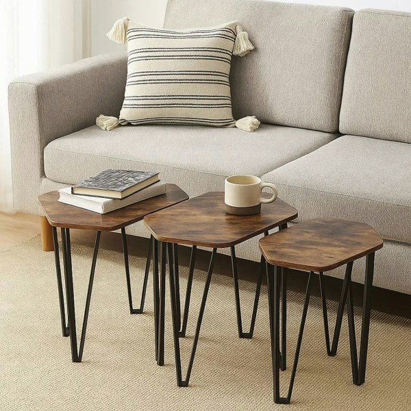 Modcraft Set of 3 Rustic Brown Nesting Coffee Tables with Steel Frames - Industrial Style