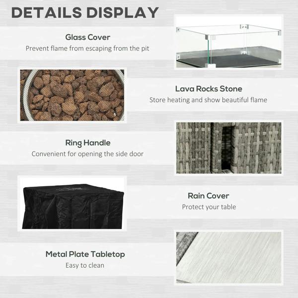 Gas fire pit table features: glass cover, lava rocks, rain cover, ring handle