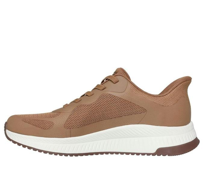 Skechers Bobs Squad 4 Chaos Mens Slip-Ins Casual Trainers, beige athletic sneakers with a breathable mesh upper and white rubber sole.